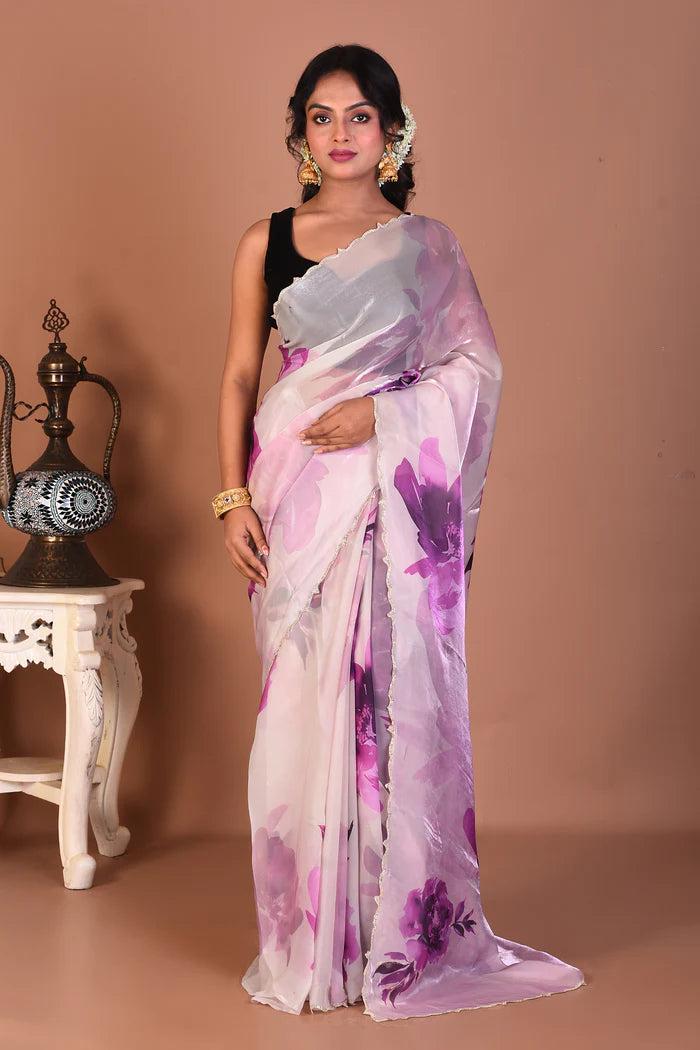 Offwhite & Purple Blended Organza Saree - Keya Seth Exclusive