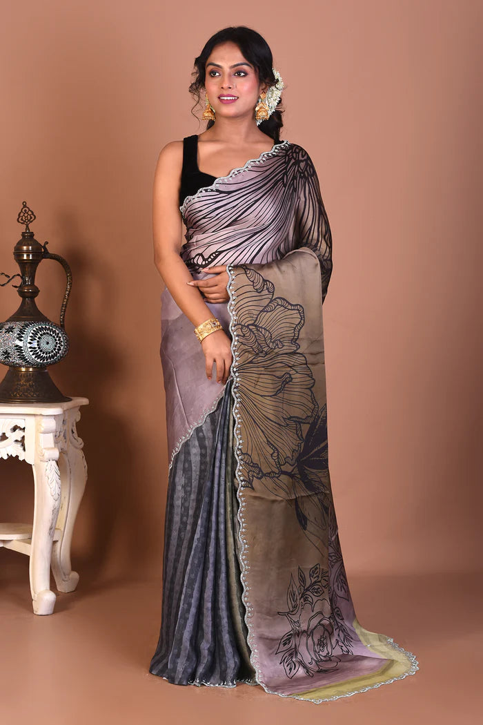 Designer Olive Blended Satin Silk Saree - Keya Seth Exclusive