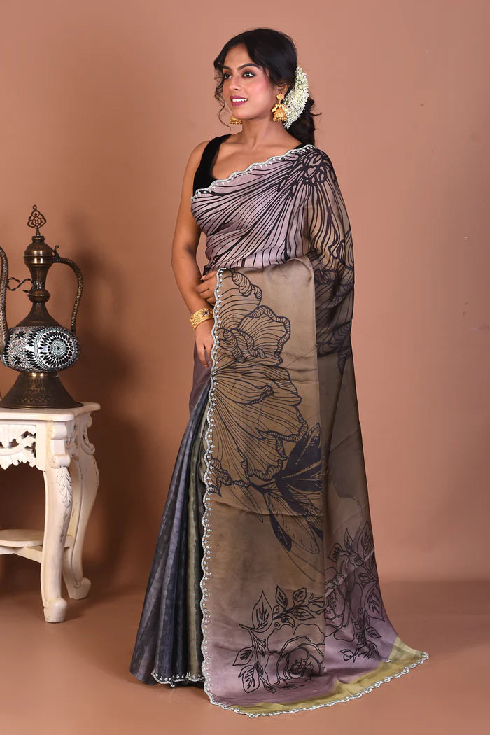 Designer Olive Blended Satin Silk Saree - Keya Seth Exclusive