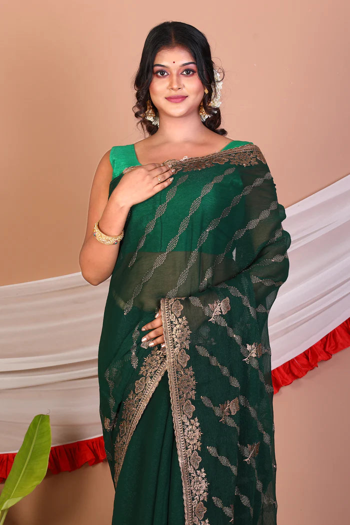 Bottle Green Blended Khaddi Saree - Keya Seth Exclusive