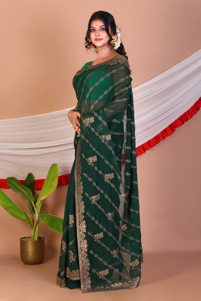 Bottle Green Blended Khaddi Saree - Keya Seth Exclusive
