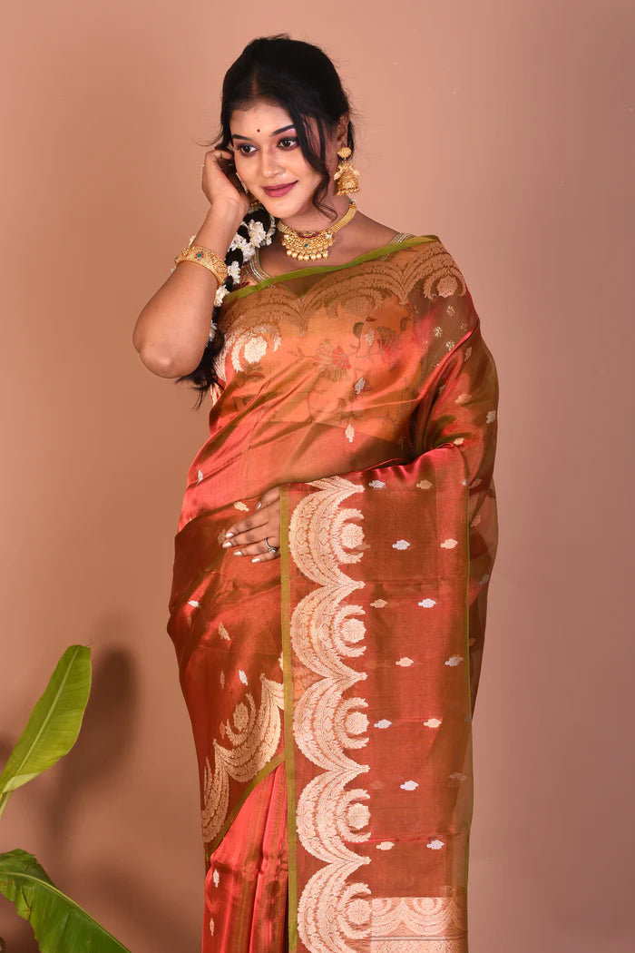 Dual Tone Rust Pure Tissue Saree - Keya Seth Exclusive