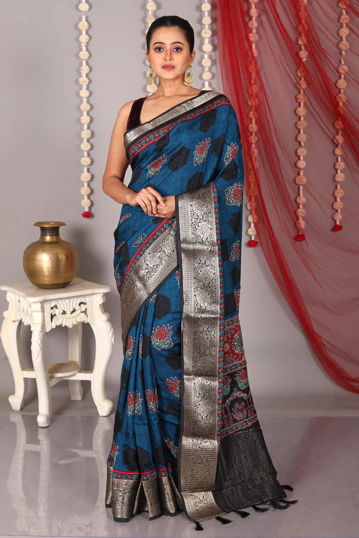 Blue Blended Printed Silk Saree - Keya Seth Exclusive