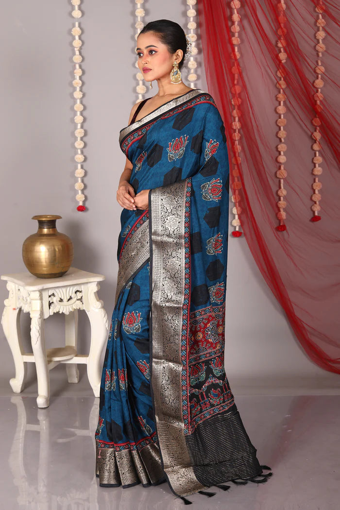 Blue Blended Printed Silk Saree - Keya Seth Exclusive