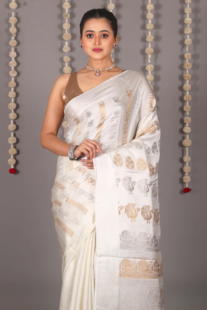 White Blended Satin Silk Saree - Keya Seth Exclusive