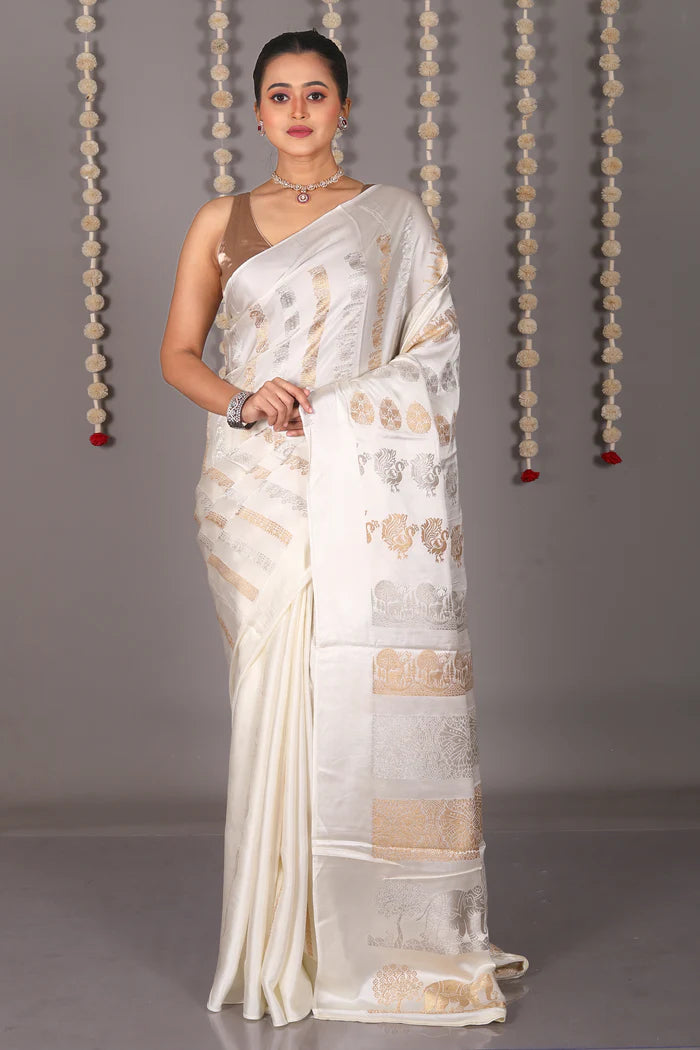 White Blended Satin Silk Saree - Keya Seth Exclusive