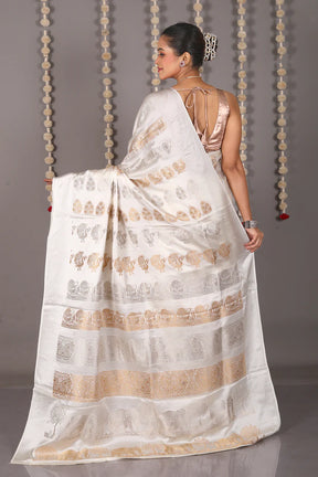 White Blended Satin Silk Saree - Keya Seth Exclusive