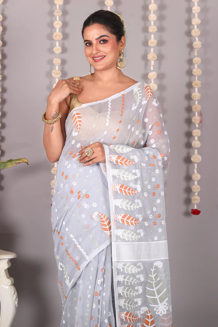 Grey Cotton Jamdani Saree - Keya Seth Exclusive