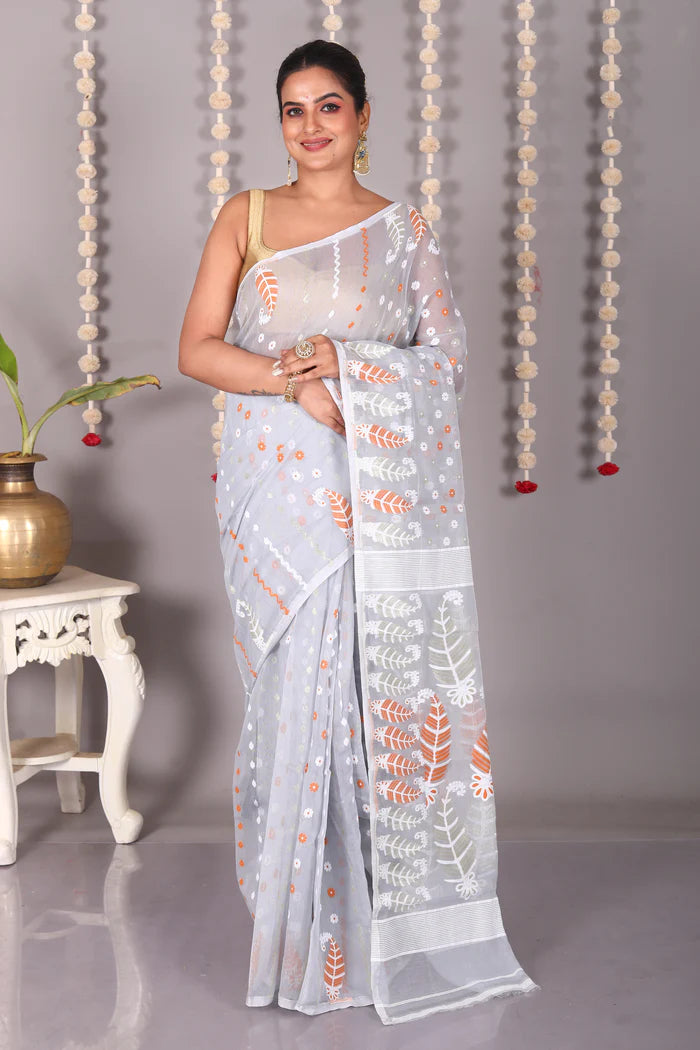 Grey Cotton Jamdani Saree - Keya Seth Exclusive
