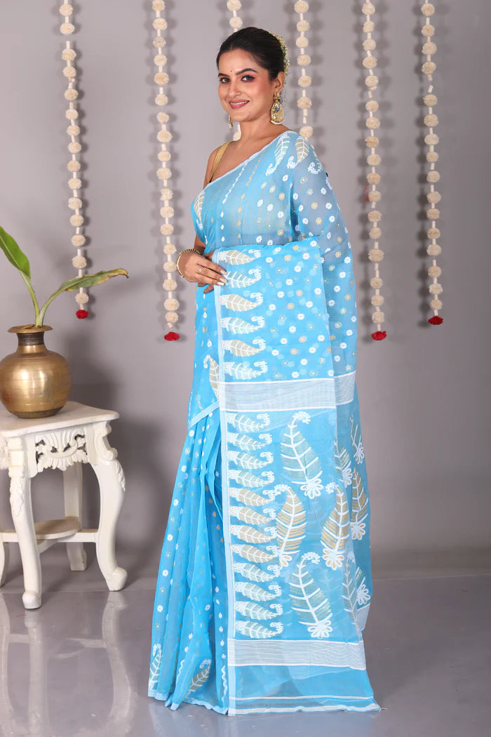 Sky Blue Cotton Jamdani Saree - Keya Seth Exclusive
