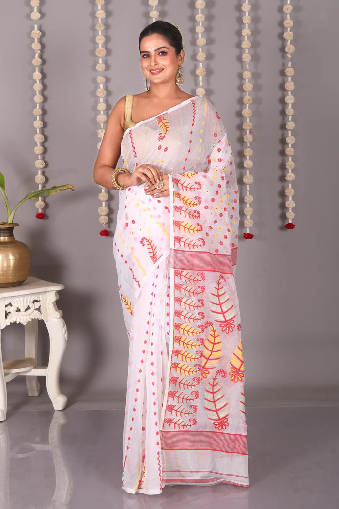 White Cotton Jamdani Saree - Keya Seth Exclusive