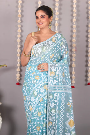 Light Blue Cotton Jamdani Saree - Keya Seth Exclusive