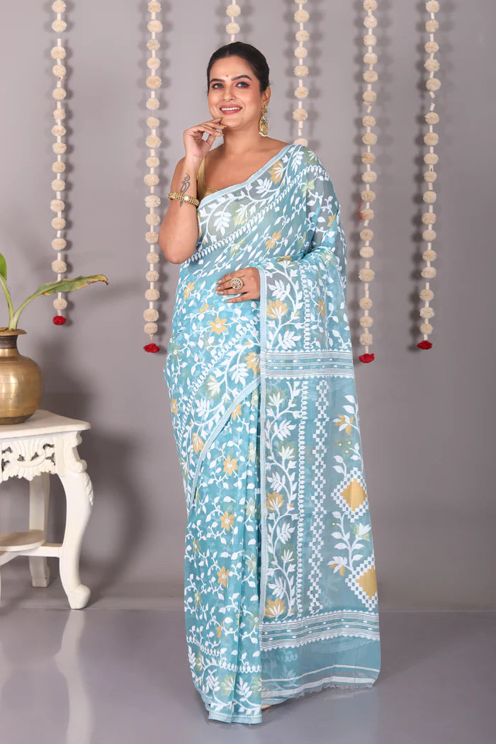 Light Blue Cotton Jamdani Saree - Keya Seth Exclusive
