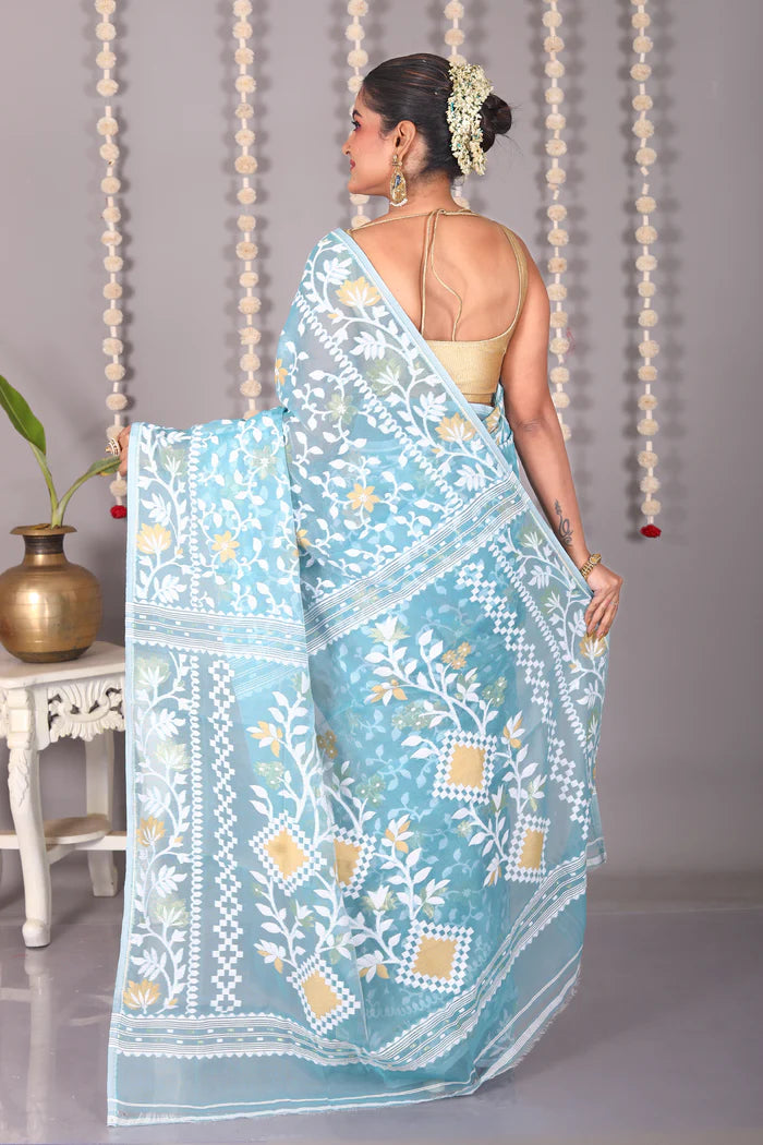 Light Blue Cotton Jamdani Saree - Keya Seth Exclusive