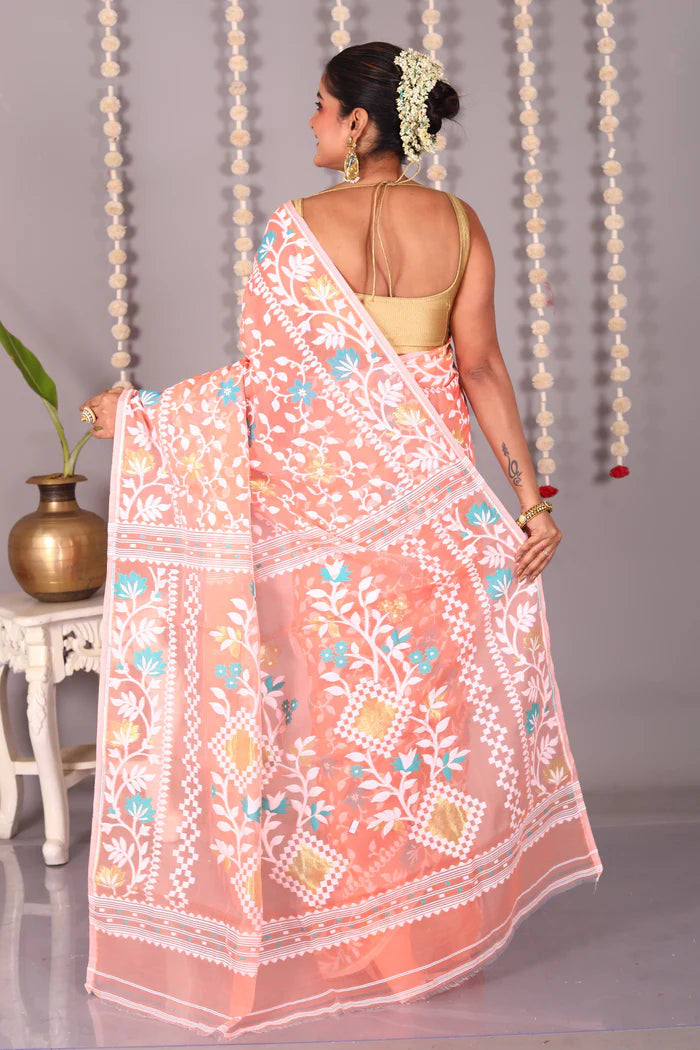 Peach Cotton Jamdani Saree - Keya Seth Exclusive
