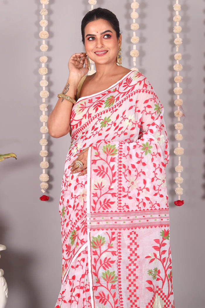 White Cotton Jamdani Saree - Keya Seth Exclusive