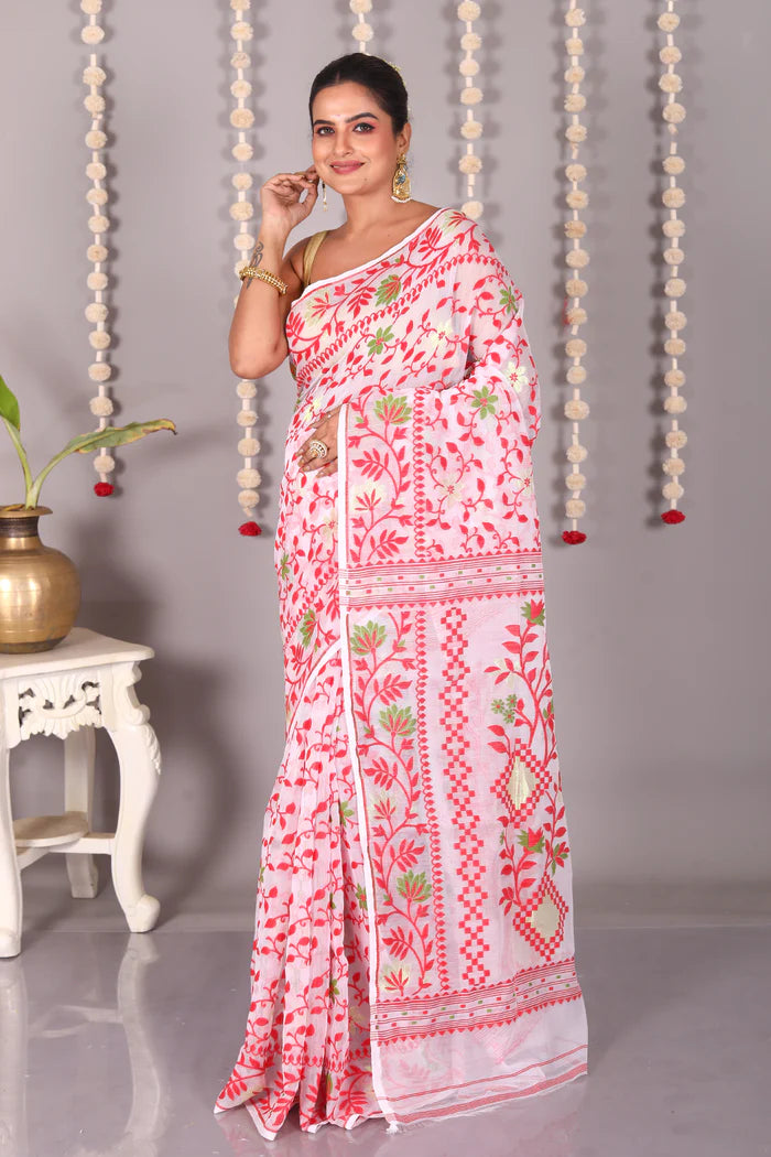 White Cotton Jamdani Saree - Keya Seth Exclusive