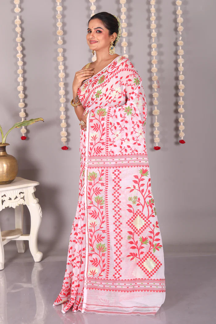 White Cotton Jamdani Saree - Keya Seth Exclusive