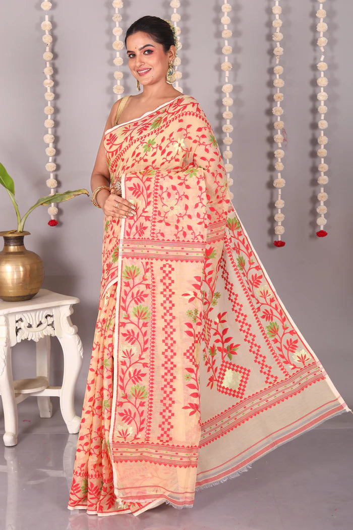 Light Yellow Cotton Jamdani Saree - Keya Seth Exclusive