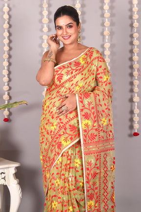 Olive Green Jamdani Cotton Saree - Keya Seth Exclusive