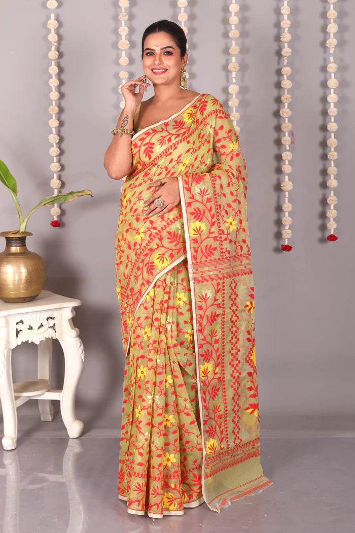 Olive Green Jamdani Cotton Saree - Keya Seth Exclusive