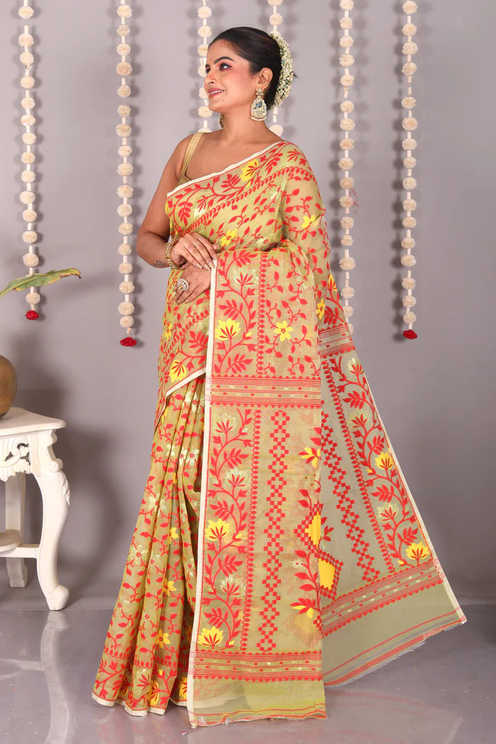 Olive Green Jamdani Cotton Saree - Keya Seth Exclusive