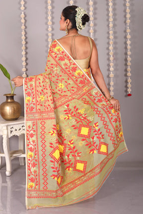 Olive Green Jamdani Cotton Saree - Keya Seth Exclusive