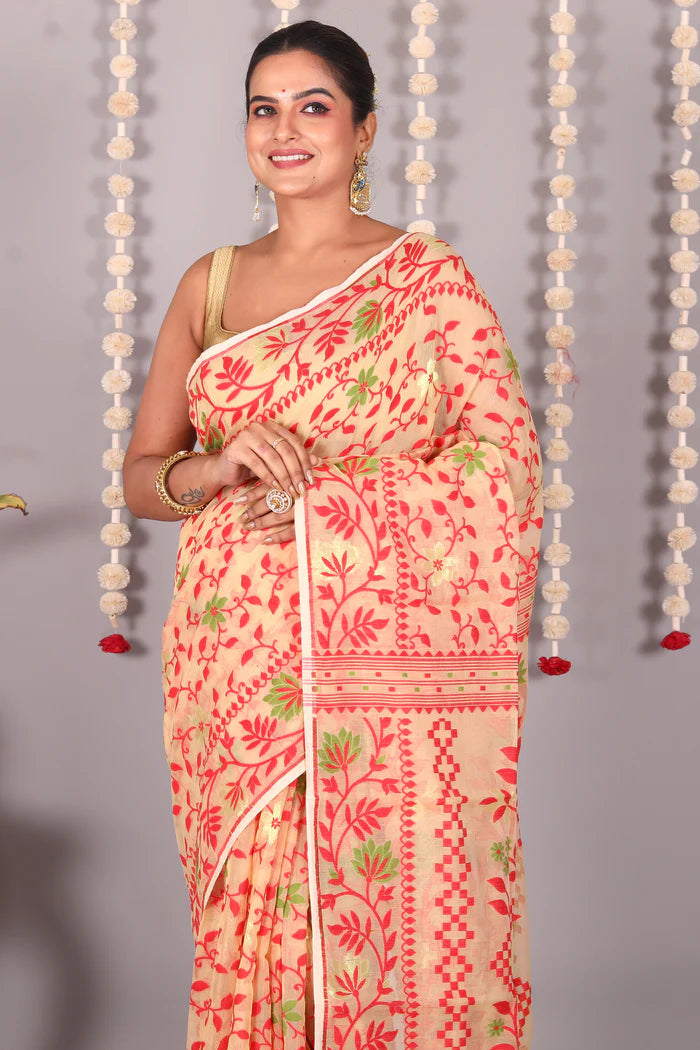Light Yellow Cotton Jamdani Saree - Keya Seth Exclusive