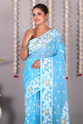 Sky Blue Cotton Jamdani Saree - Keya Seth Exclusive