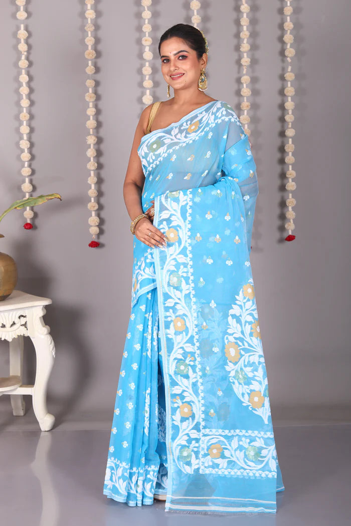 Sky Blue Cotton Jamdani Saree - Keya Seth Exclusive