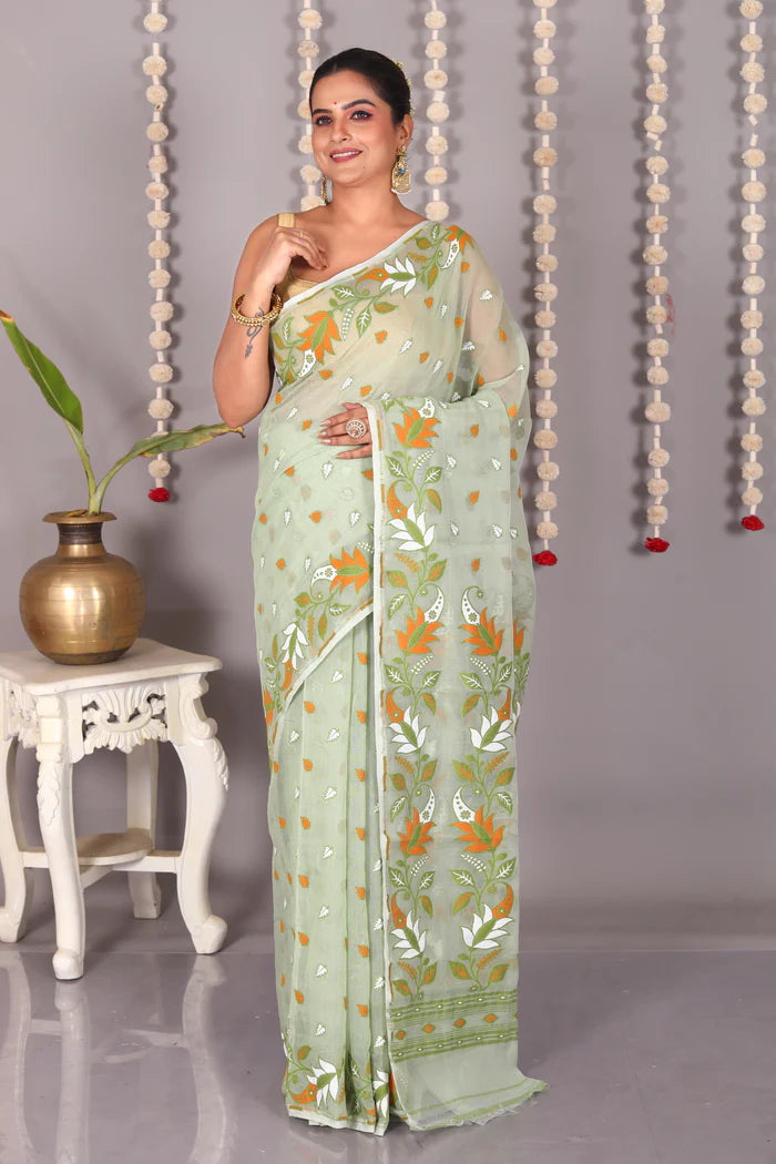 Green Cotton Jamdani Saree - Keya Seth Exclusive