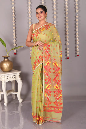 Olive Green Cotton Jamdani Saree - Keya Seth Exclusive