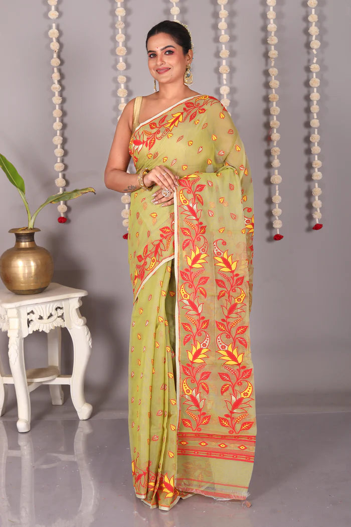 Olive Green Cotton Jamdani Saree - Keya Seth Exclusive
