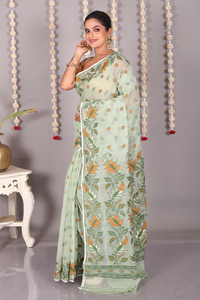 Pesta Green Cotton Jamdani Saree - Keya Seth Exclusive