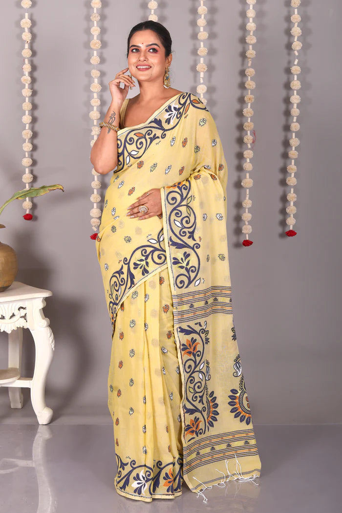 Light Yellow Cotton Jamdani Saree - Keya Seth Exclusive