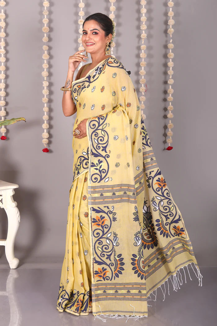 Light Yellow Cotton Jamdani Saree - Keya Seth Exclusive