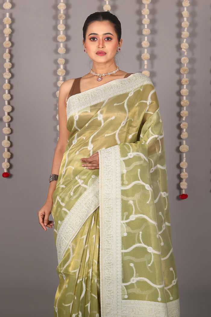 Green Blended Tissue Saree with Jalwork - Keya Seth Exclusive