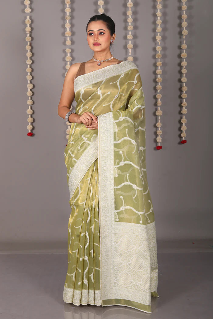 Green Blended Tissue Saree with Jalwork - Keya Seth Exclusive