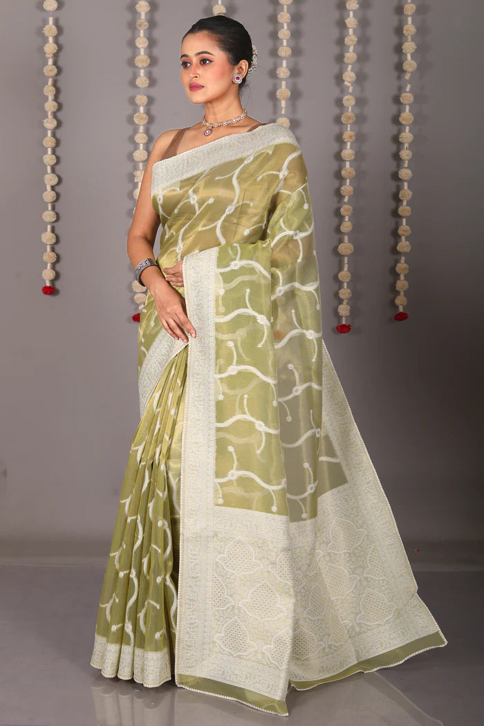 Green Blended Tissue Saree with Jalwork - Keya Seth Exclusive