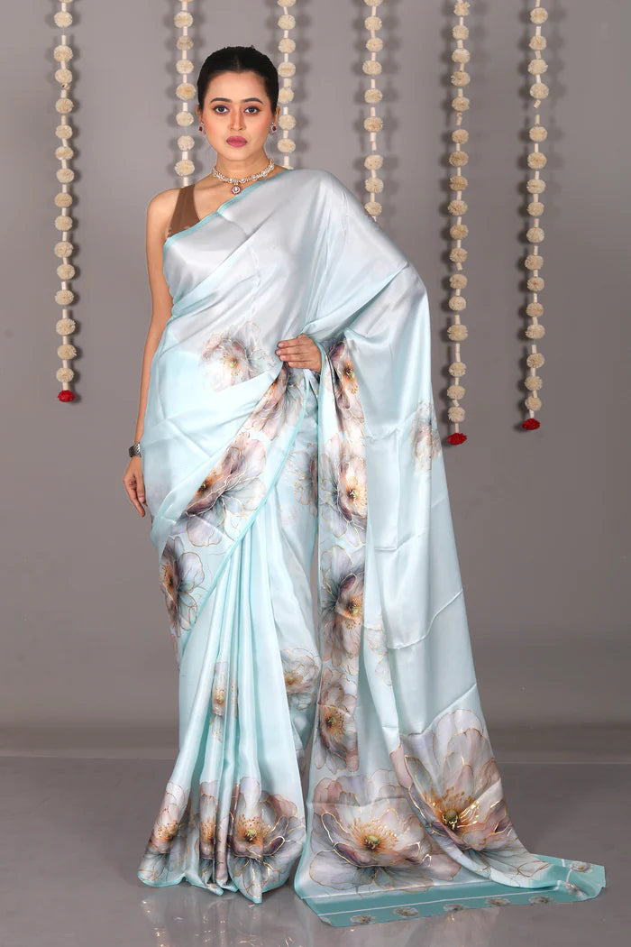 Sea Green Blended Satin Silk Saree - Keya Seth Exclusive