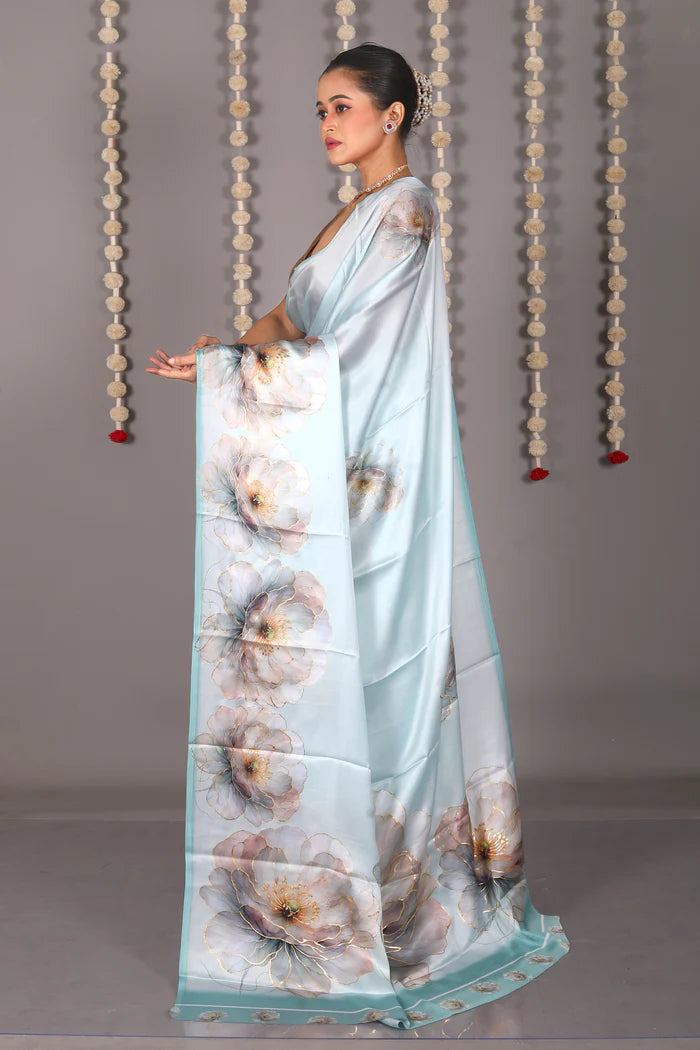 Sea Green Blended Satin Silk Saree - Keya Seth Exclusive