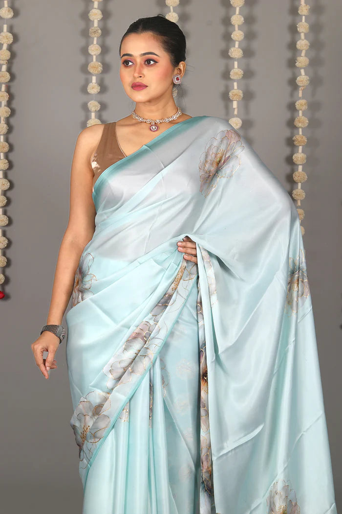 Sea Green Blended Satin Silk Saree - Keya Seth Exclusive