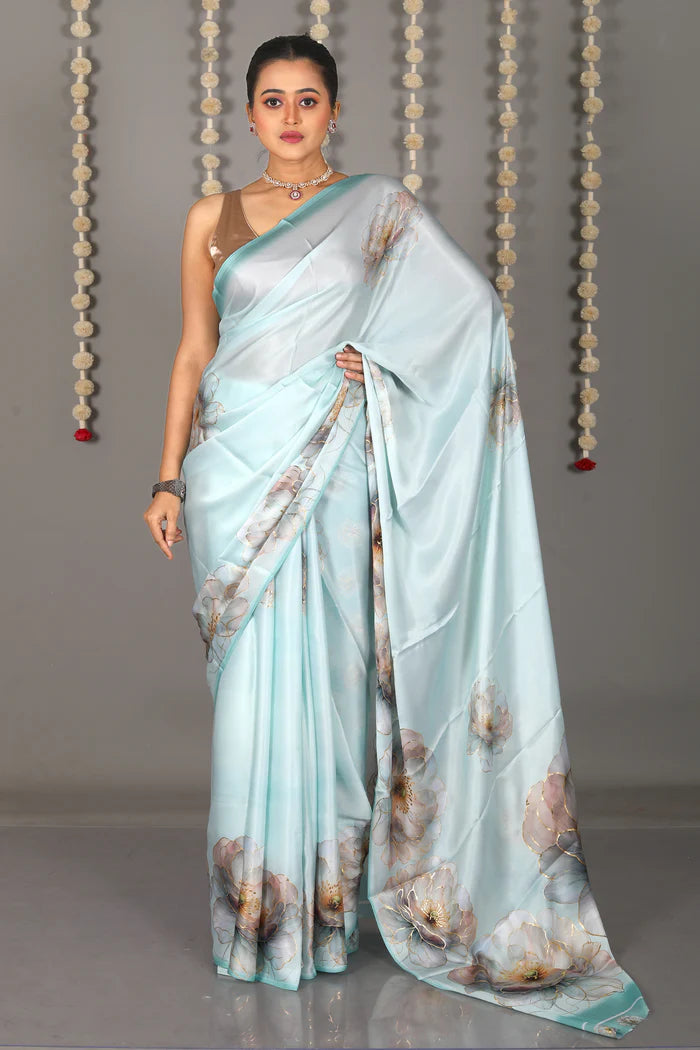 Sea Green Blended Satin Silk Saree - Keya Seth Exclusive