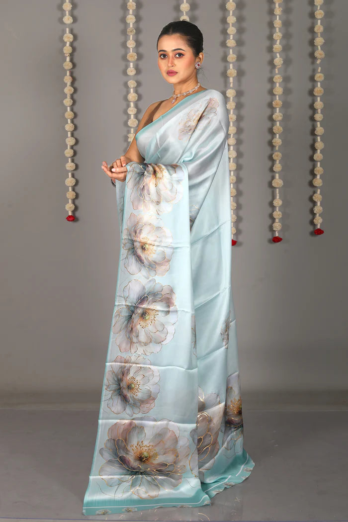 Sea Green Blended Satin Silk Saree - Keya Seth Exclusive