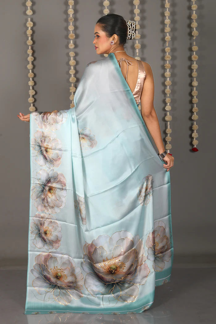 Sea Green Blended Satin Silk Saree - Keya Seth Exclusive