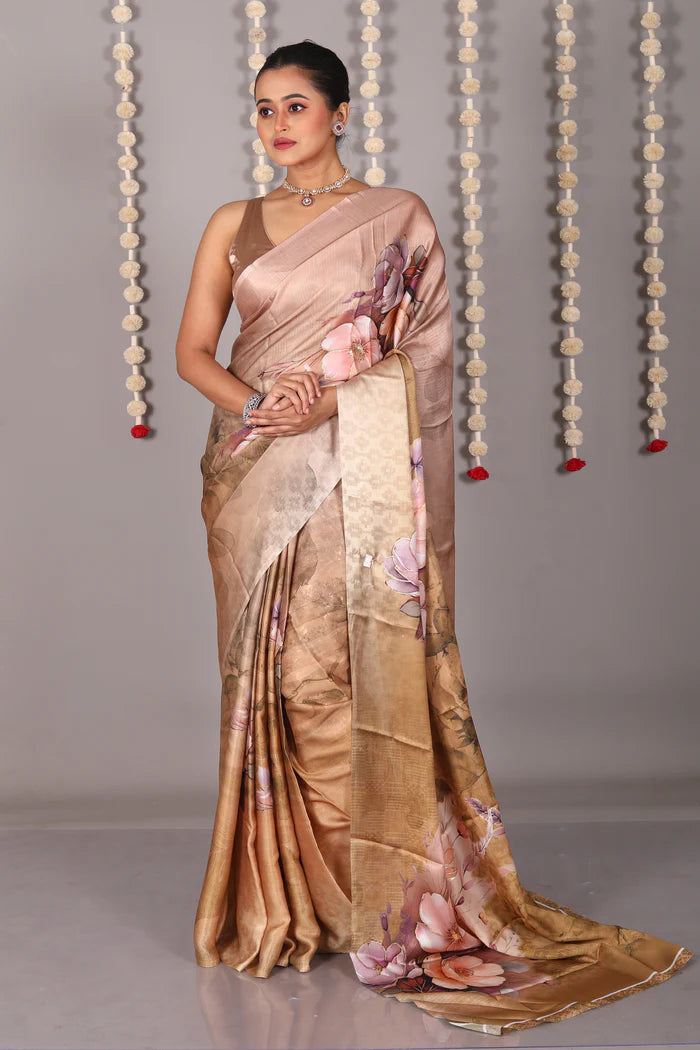 Light Brown Blended Satin Silk Saree - Keya Seth Exclusive