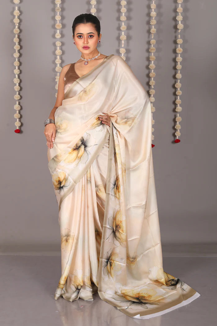 Offwhite Blended Satin Silk Saree - Keya Seth Exclusive