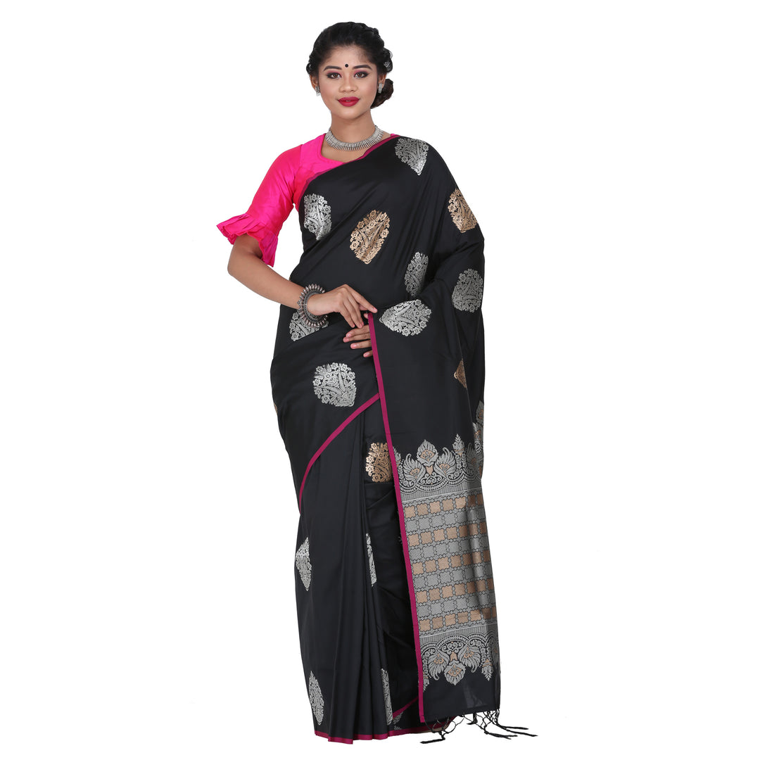 Black Color Sana Silk Saree with highlighted all over Silver motif and Pallu