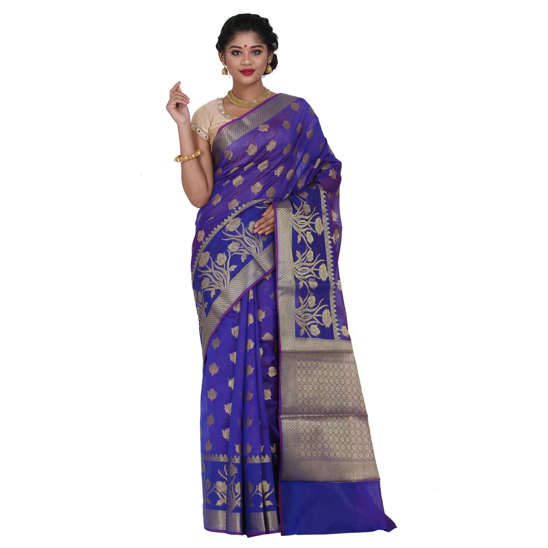 Dark Blue Color Chanderi Silk Saree with all over golden buta highlighted zari  work with Border