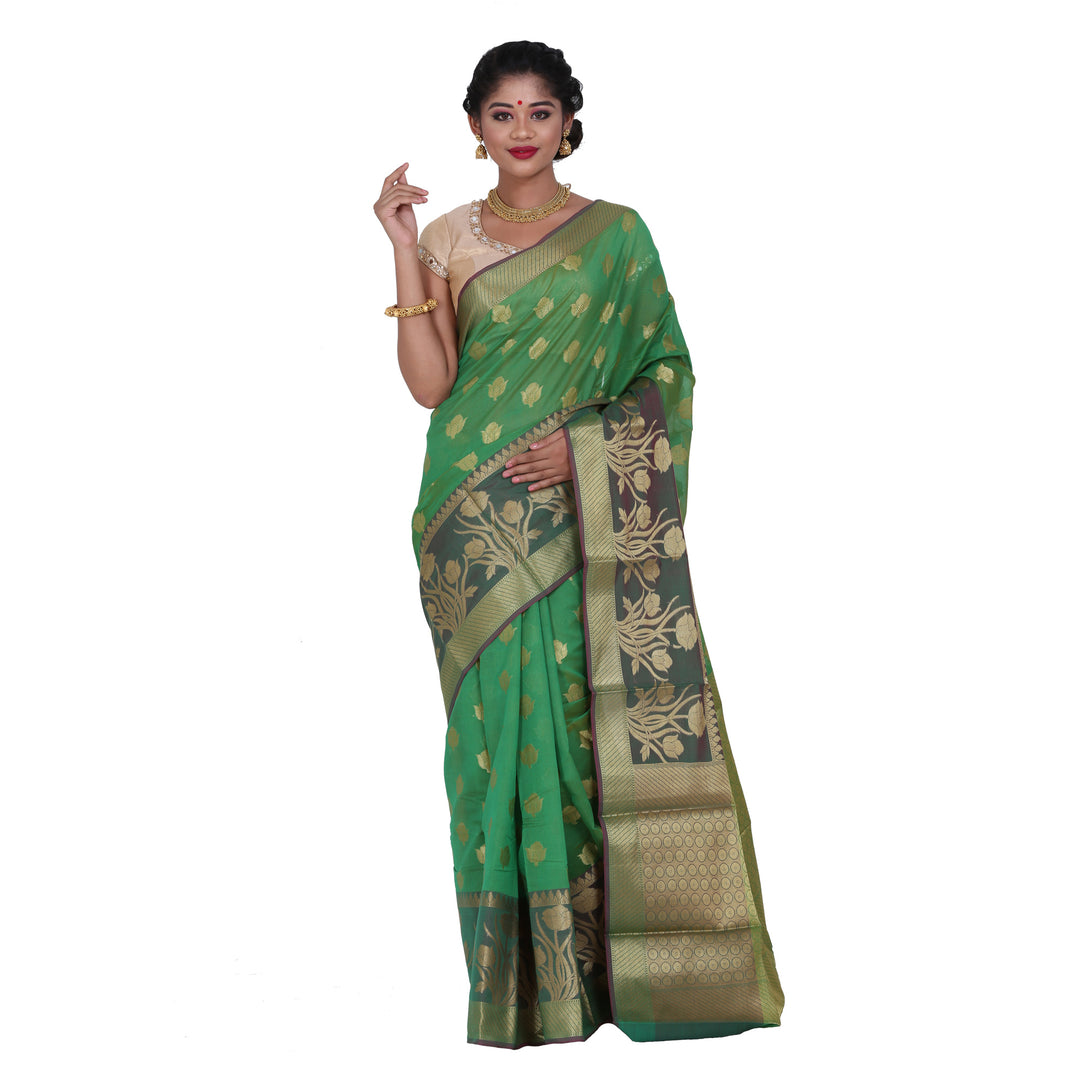 Green Color Chanderi Silk Saree with all over golden buta highlighted zari  work with Border